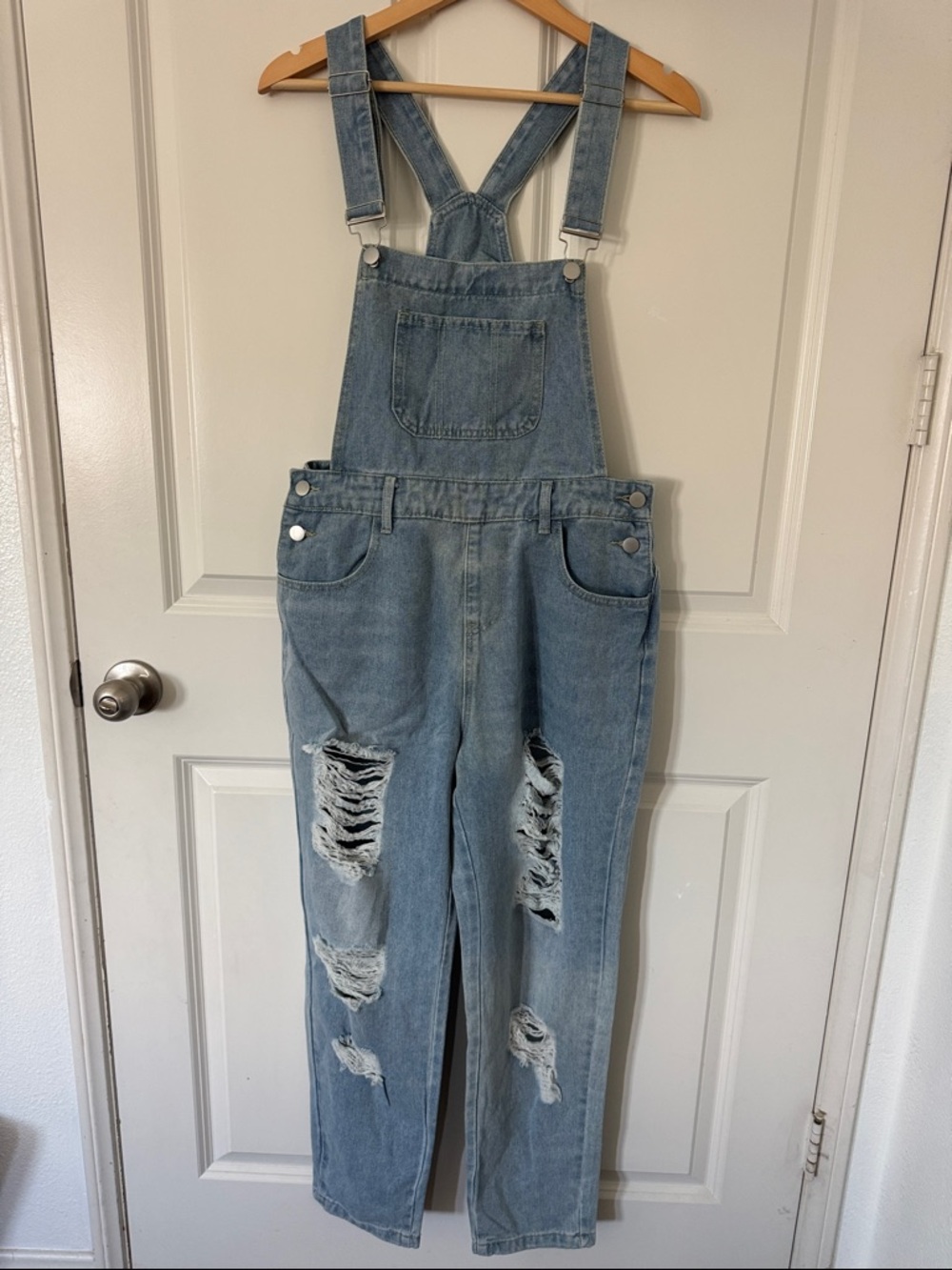 Distressed Light Blue Denim Women's Overalls